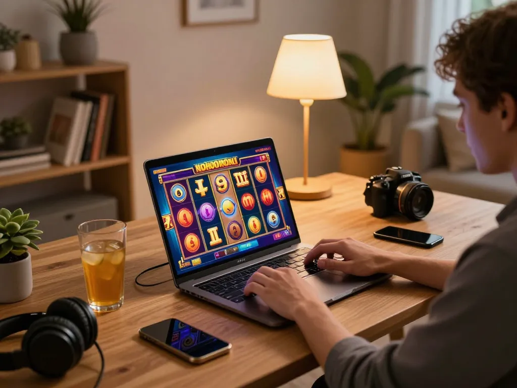 Player enjoying nohu90nohu slots on a laptop in a cozy home environment, capturing the excitement of online gaming.
