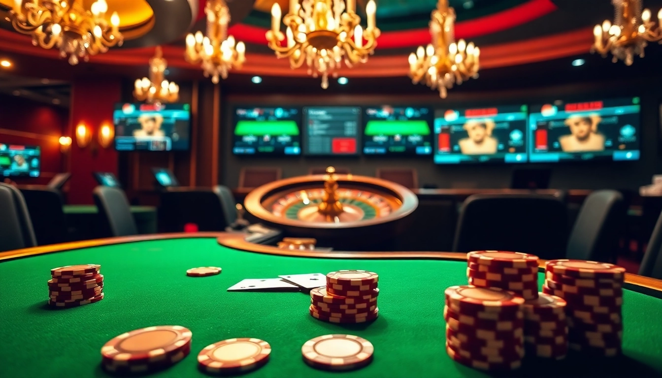 A thrilling casino gaming experience at https://kjc.uk.com/ featuring a luxurious table, poker chips, and cards.