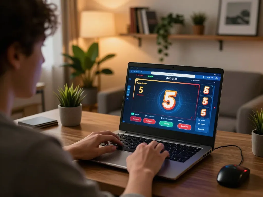 Engaging in online kèo nhà cái 5 gaming with a stylish laptop in a cozy home office