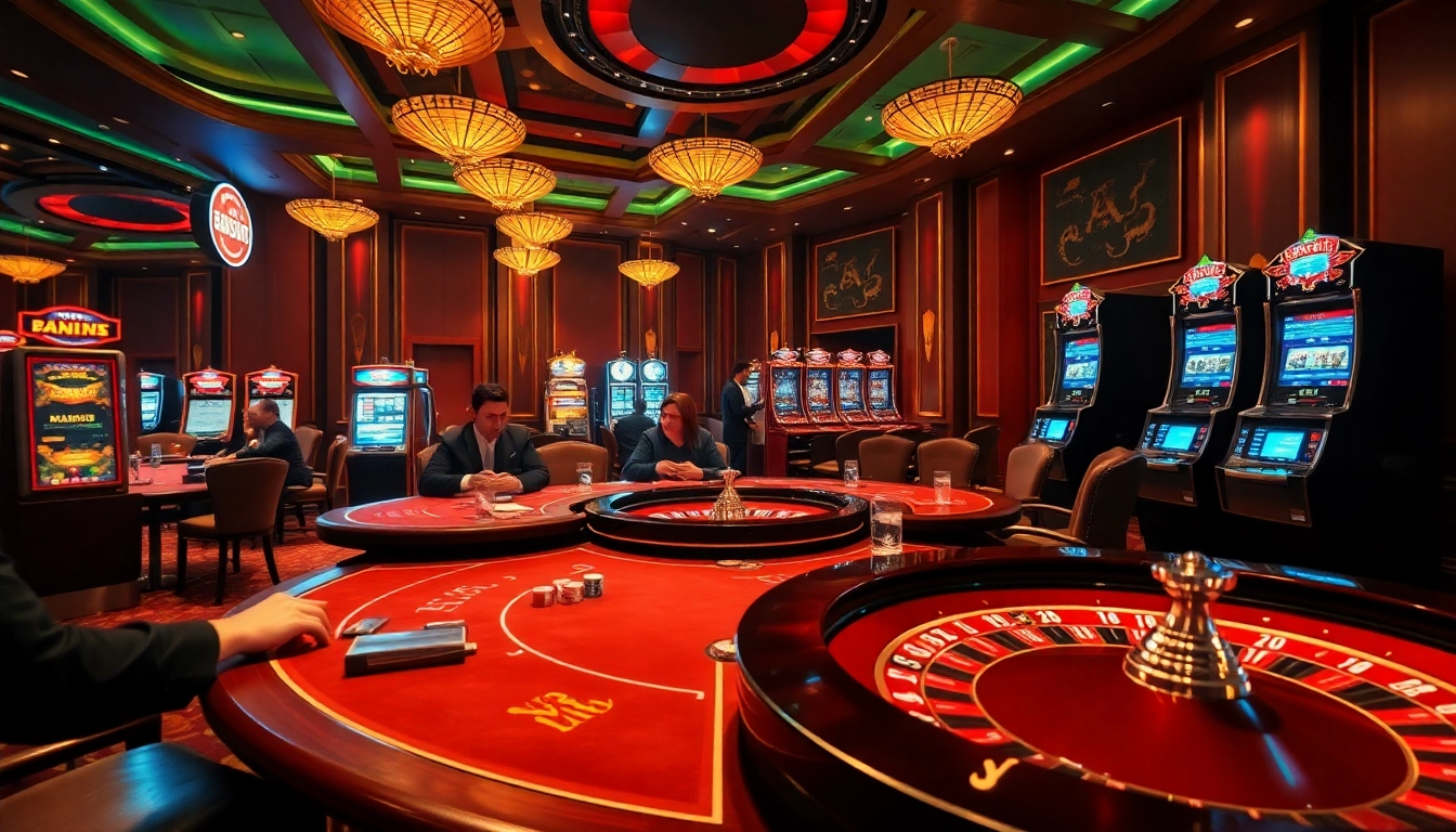 Exciting moment at ax88 casino with vibrant poker tables and roulette wheel.