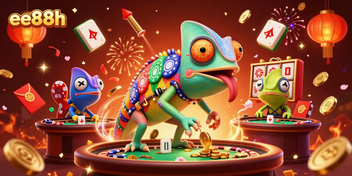 Experience exhilarating gaming at ee88h with a vibrant scene of a colorful chameleon casino owner amidst festive elements.