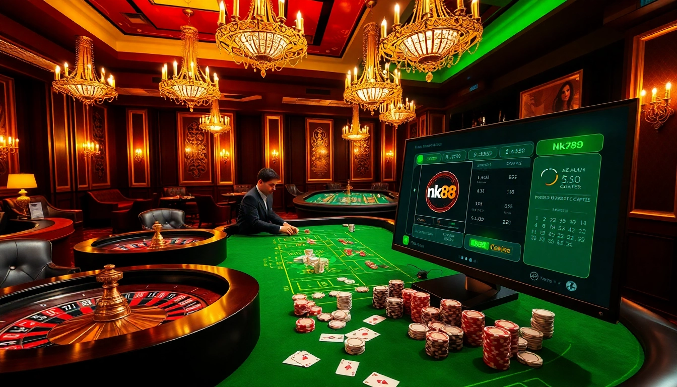 Experience the thrill of gambling with nk88 at our luxurious casino table filled with chips and cards.