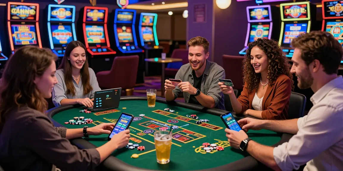 Exciting online casino experience at https://mhfe.org.uk with diverse players engaging around gaming devices and vibrant atmosphere.