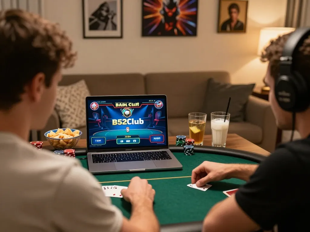 B52Club online poker experience with a dedicated player focused on a laptop in a cozy environment