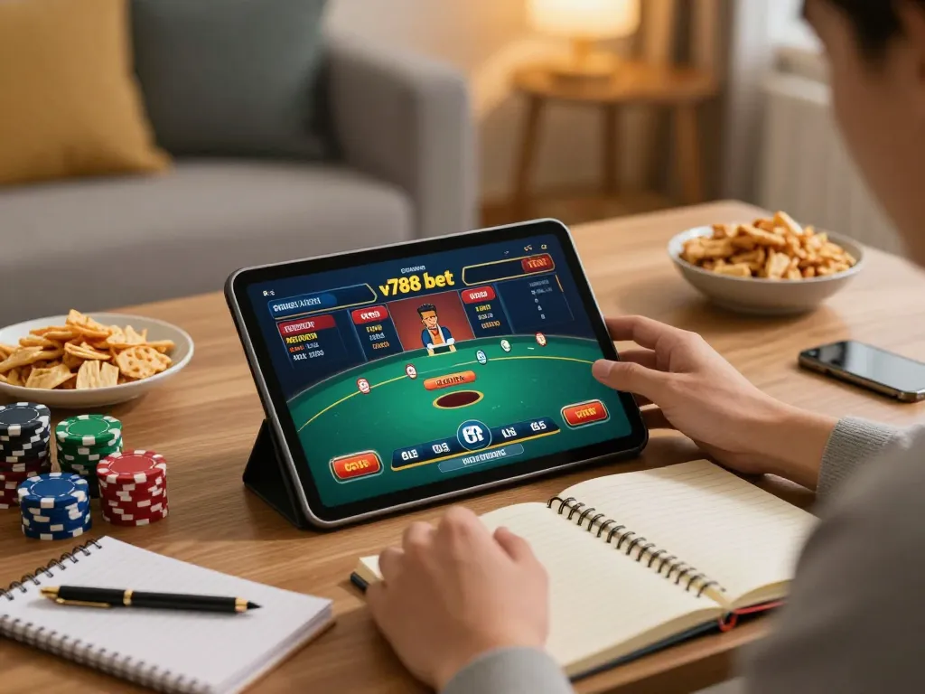 Engaging in v788 bet mobile gaming with a lively atmosphere and betting strategy notes.