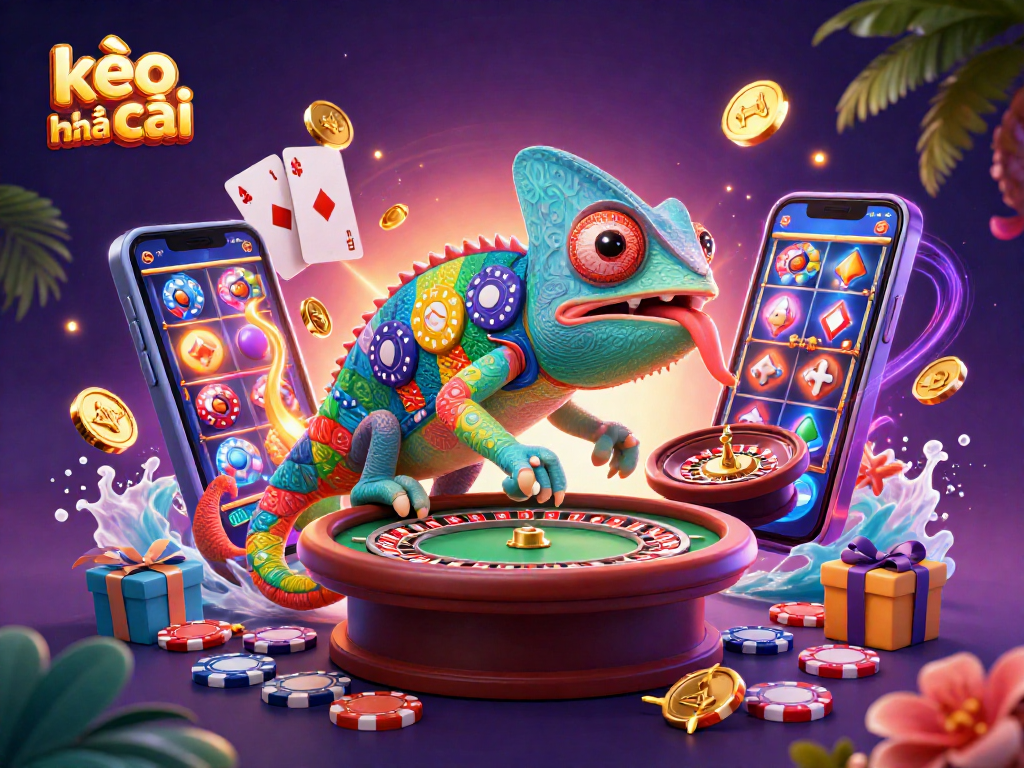 Engage with kèo nhà cái through a vibrant casino scene featuring a chameleon's dynamic gaming energy.