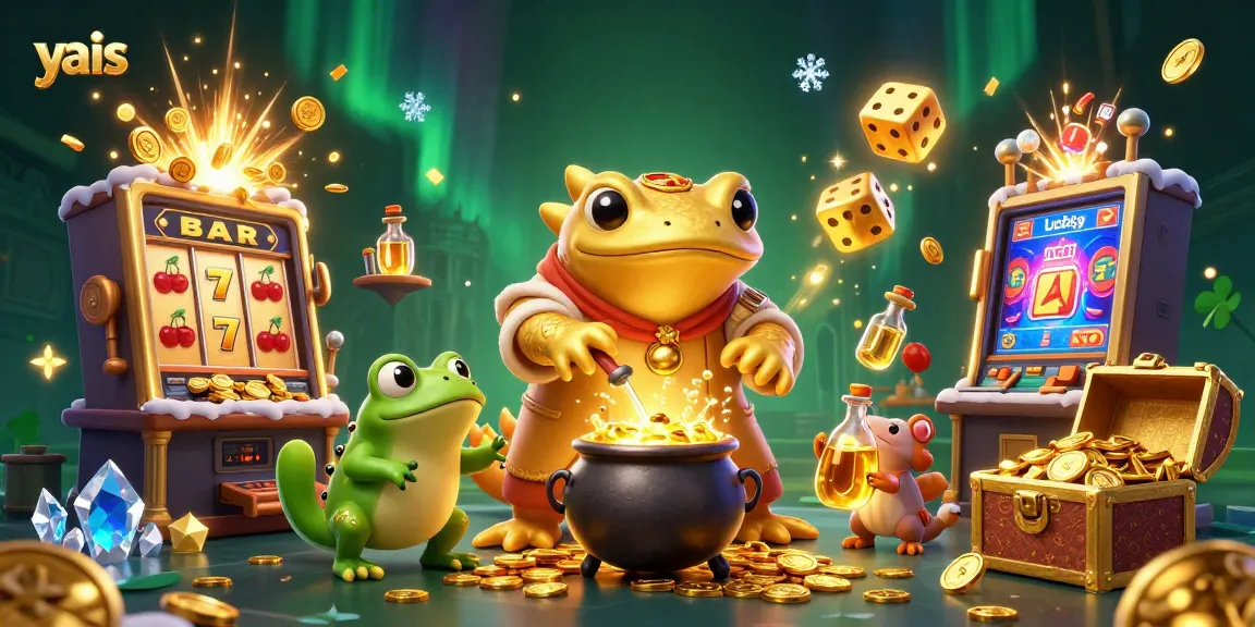 Experience yais with engaging 3D casino characters amidst vibrant slot machines and gold coins.