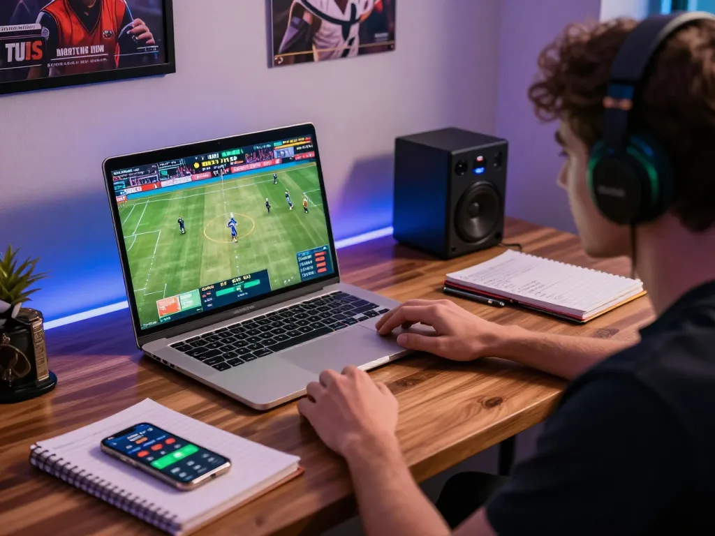 Usbet sports betting session with player analyzing game data on laptop