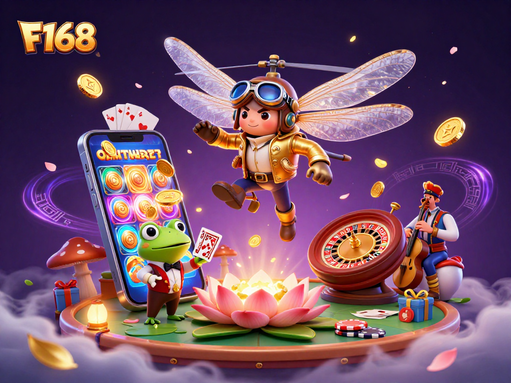 Experience the thrill of F168 with a vibrant casino scene featuring a dragonfly pilot and frog croupier.