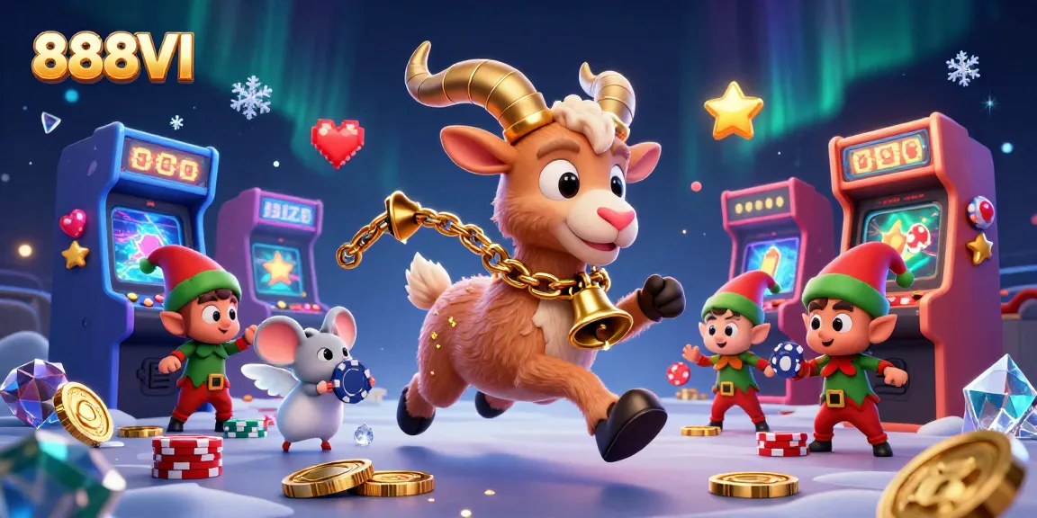 Engage with 888VI's festive casino scene featuring Krampus and playful characters amidst casino games and sparkles.