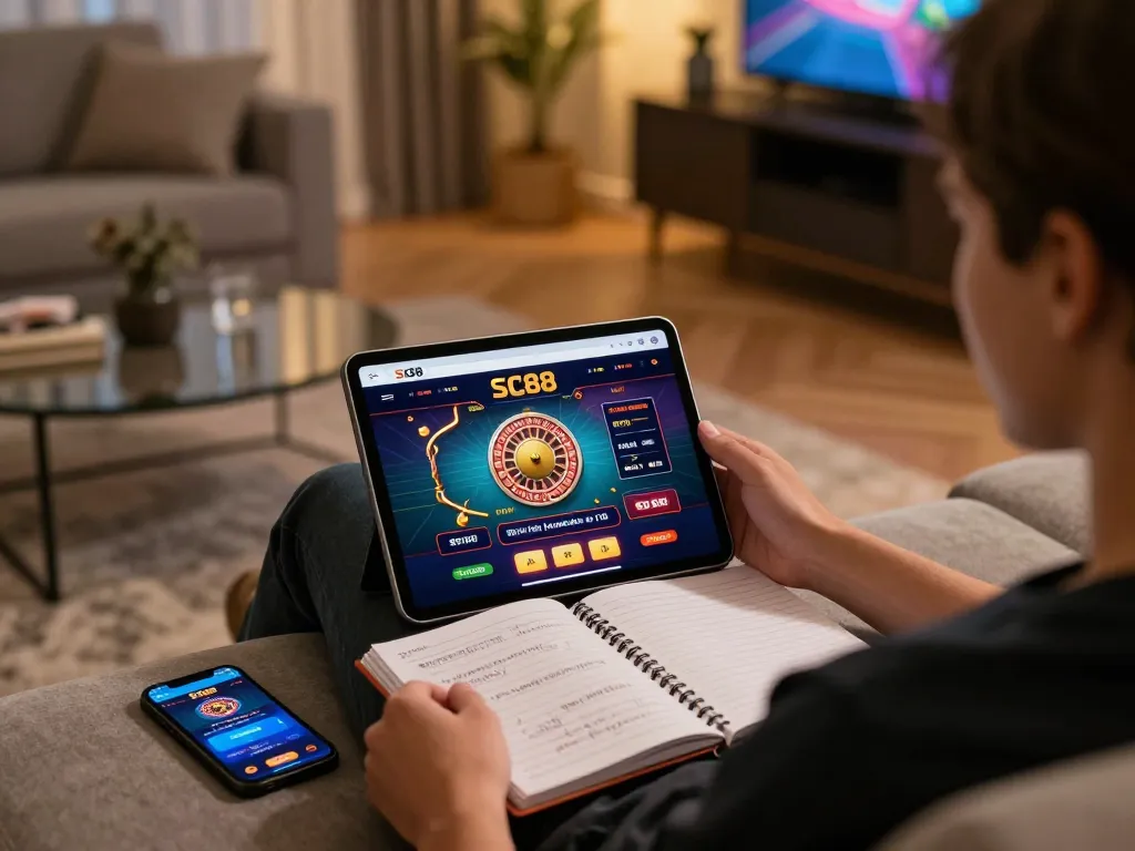 Person enjoying SC88 trang chủ on tablet while strategizing poker tactics in a cozy living room.