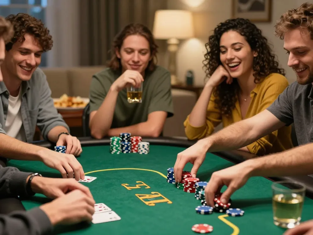 Players enjoying an exciting poker game at home, emphasizing strategic gameplay in a warm, inviting setting on the dw8 platform.