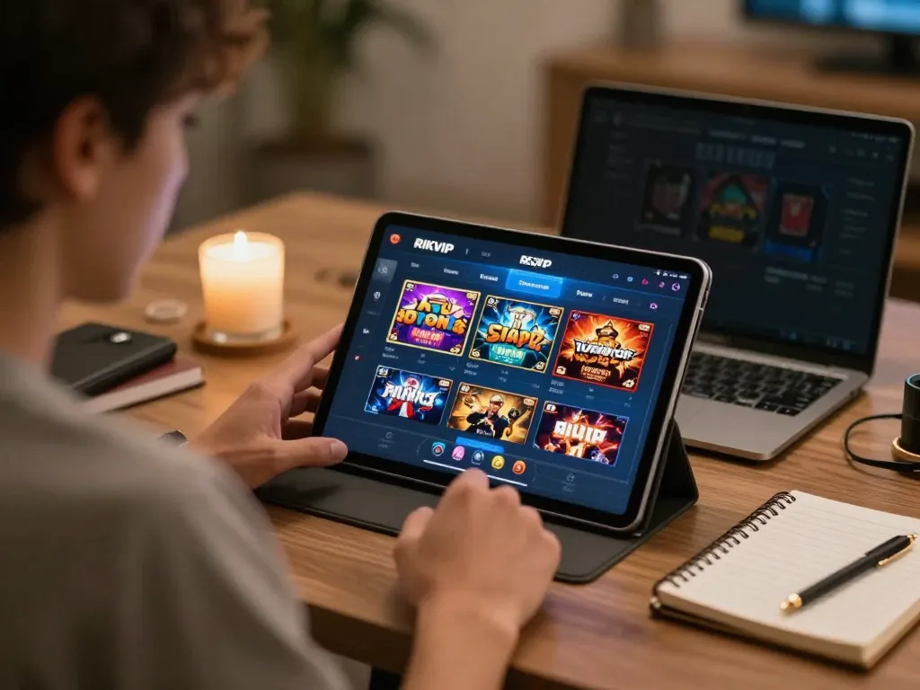 Player engaging with RIKVIP gaming app on tablet, showcasing vibrant game graphics and responsible gaming atmosphere
