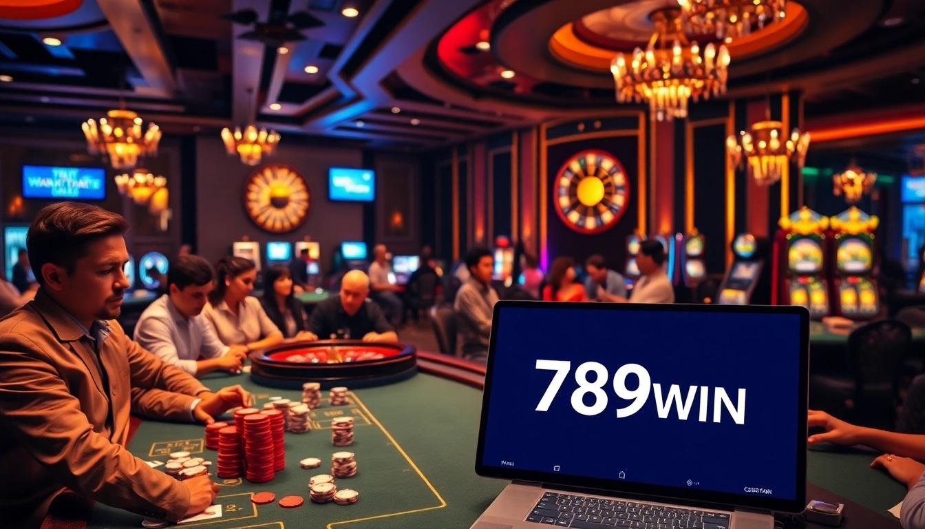 Exciting scene at trang chủ 789win featuring players engaged in poker and roulette in a lively casino atmosphere.