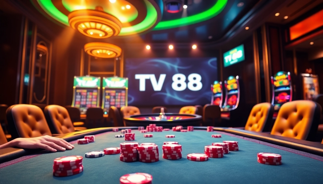 Players enjoying an engaging poker game at TV 88, surrounded by slot machines and vibrant casino ambiance.