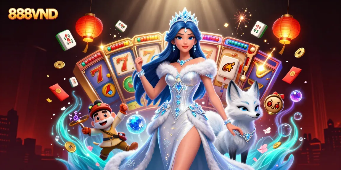 Engage in exciting games at 888VND, featuring vibrant 3D illustrations of slots and jackpots.