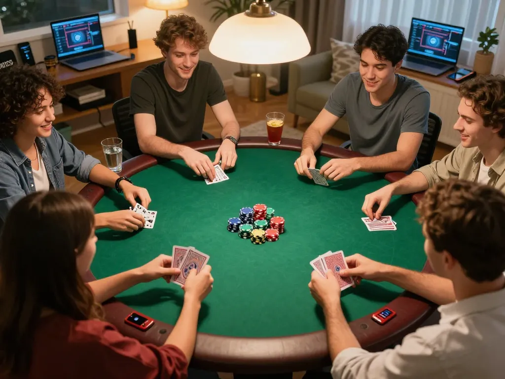 Friends enjoying a lively poker night, strategizing their gameplay around the table, with sunwin20 integration represented through mobile apps.