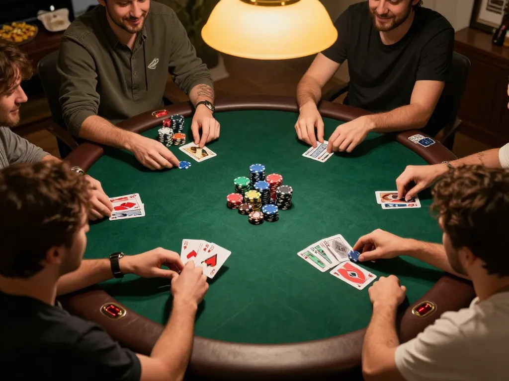 Players enjoying a thrilling game night with friends at home, featuring 58wiin poker action and colorful chips.