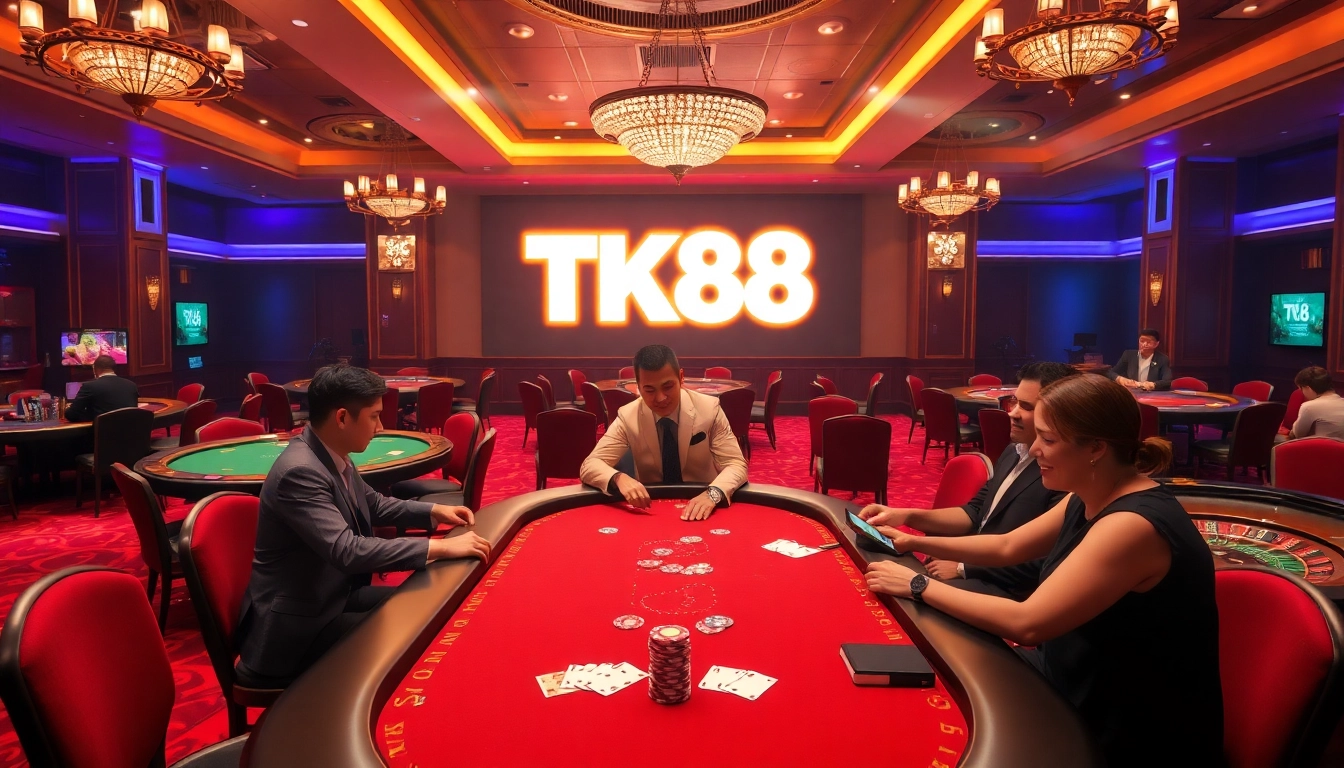 TK88 Casino's exciting poker table with professional dealers and vibrant atmosphere.