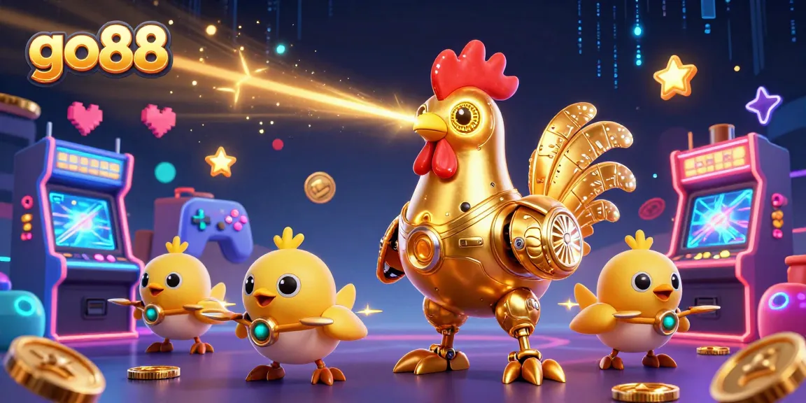 Join the fun at go88 with the golden rooster robot and baby chick drones in an exciting gaming scene.