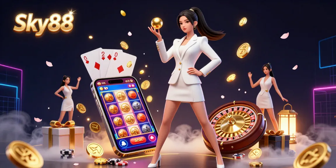 Sky88 showcases a stunning Asian woman at a luxurious casino, holding a roulette ball with dynamic gaming elements.