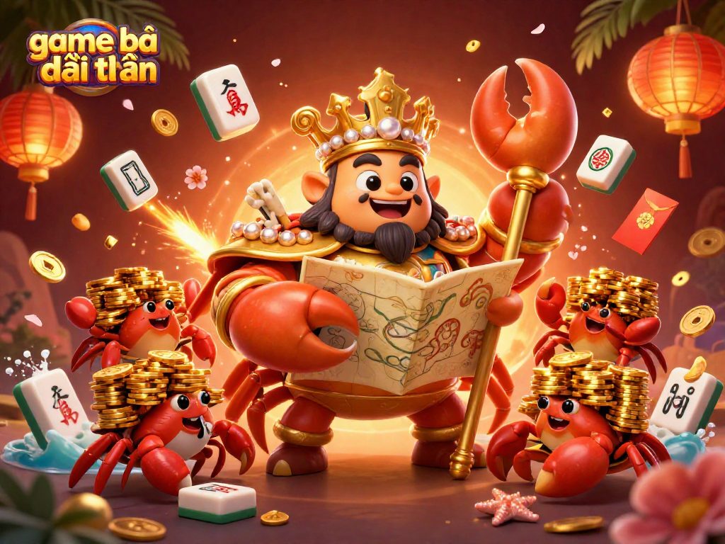 Engage in game bài đổi thưởng with a golden crab emperor amidst vibrant casino elements and festive decorations.
