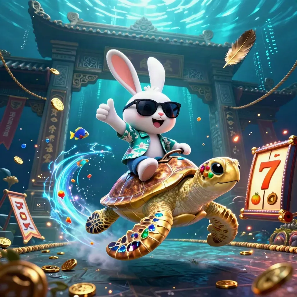 Lucky rabbit rides a gold sea turtle through neon-blue underwater casino fantasy art.