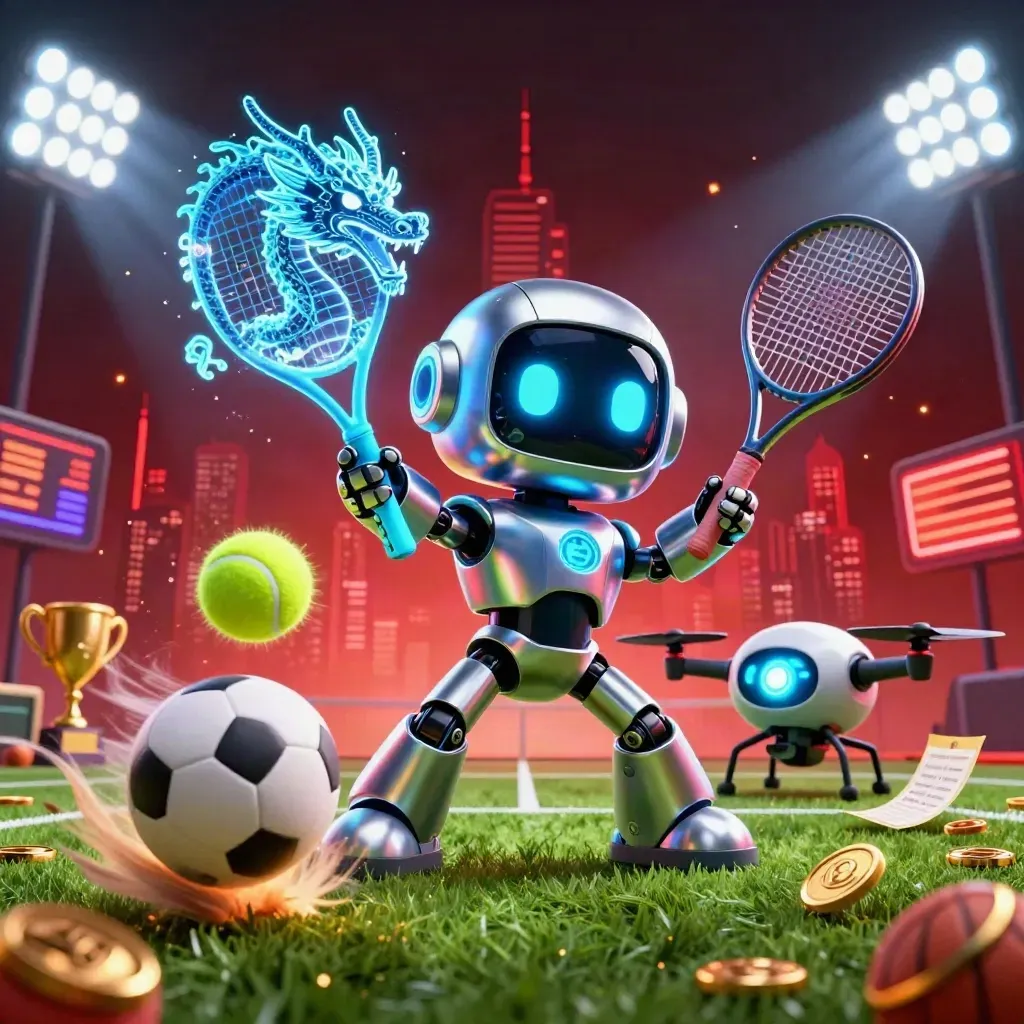 Chrome robot, holographic dragon, and drone explode around a flying tennis ball in neon casino lighting.