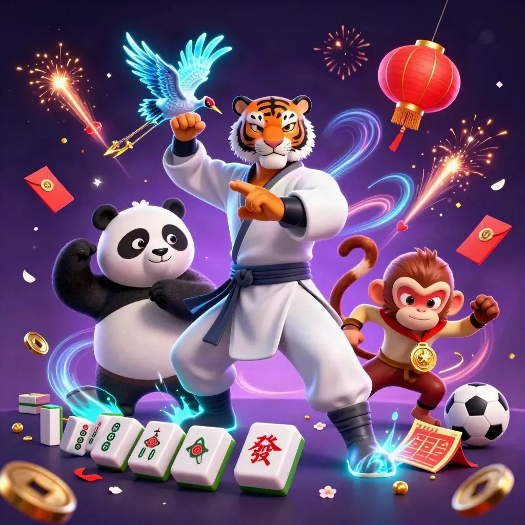 Kung-fu tiger, panda, and monkey with casino props in neon energy burst