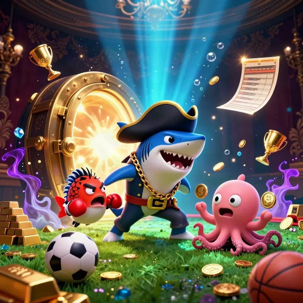 Pirate shark, pufferfish, and octopus exploding with coins, treasure, balls, and neon casino light.