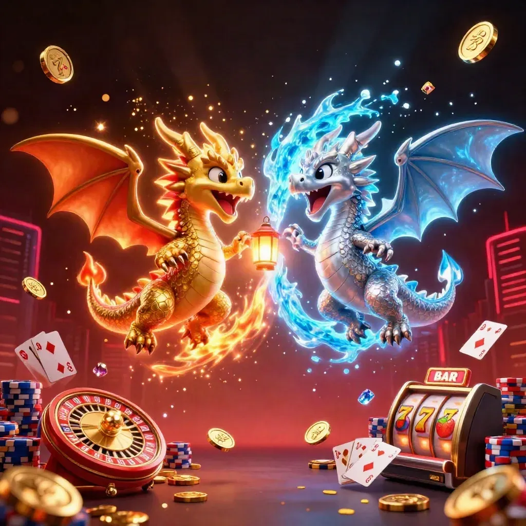 Twin gold and silver dragons spiral with coins, reels, and glowing treasure in neon light.