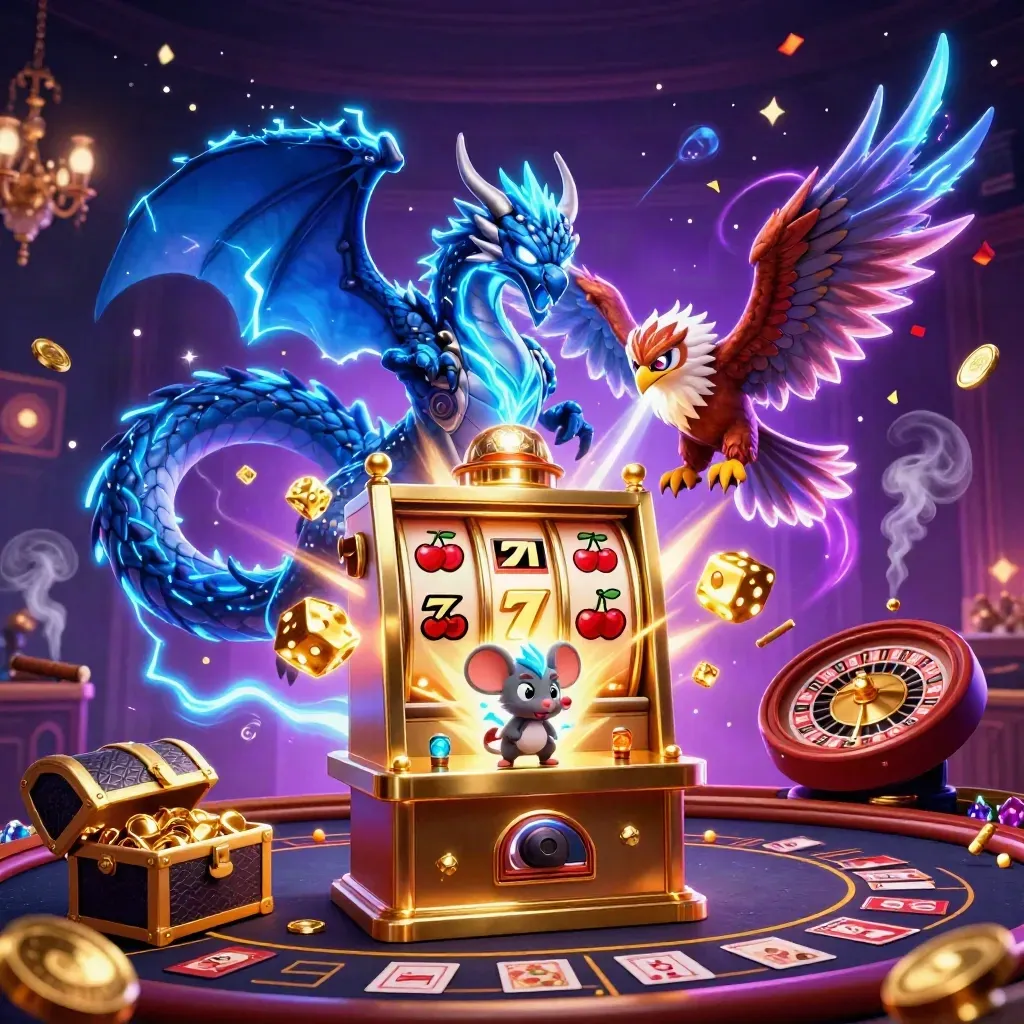Thunder dragon, wind hawk, and static mouse amid jackpot slot bursts in a neon casino room.