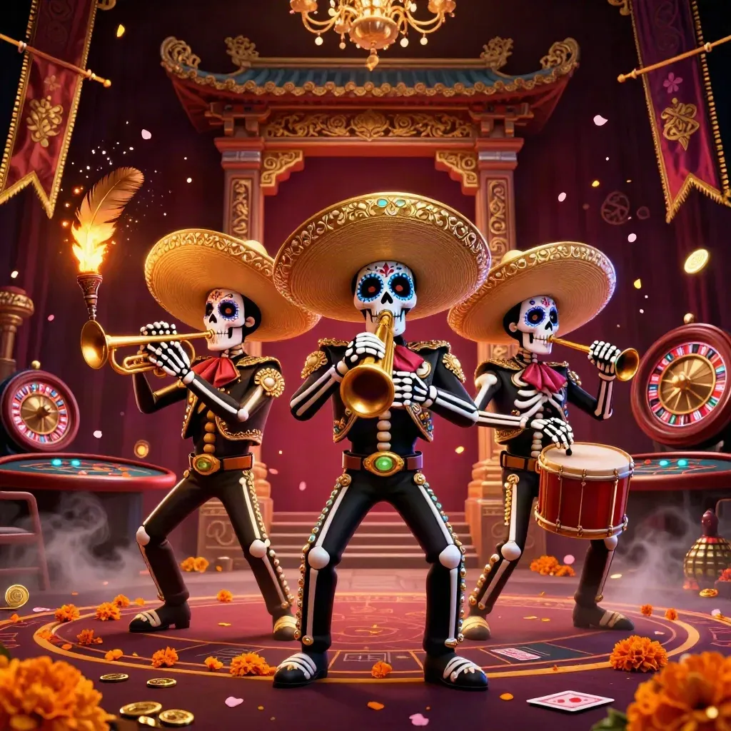 Skeleton mariachi trio in a neon casino scene with roulette, gold, and temple glow.