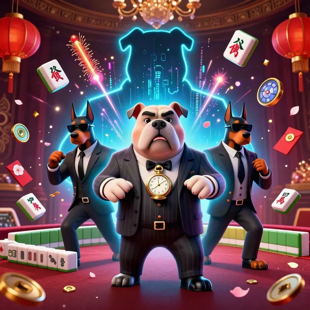 Bulldog boss and two Dobermans burst through neon casino treasure amid coins, lanterns, and lightning.