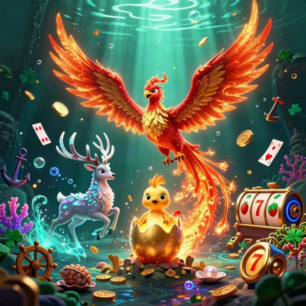 Phoenix, baby hatchling, and crystal-antler stag in a neon underwater treasure cove.
