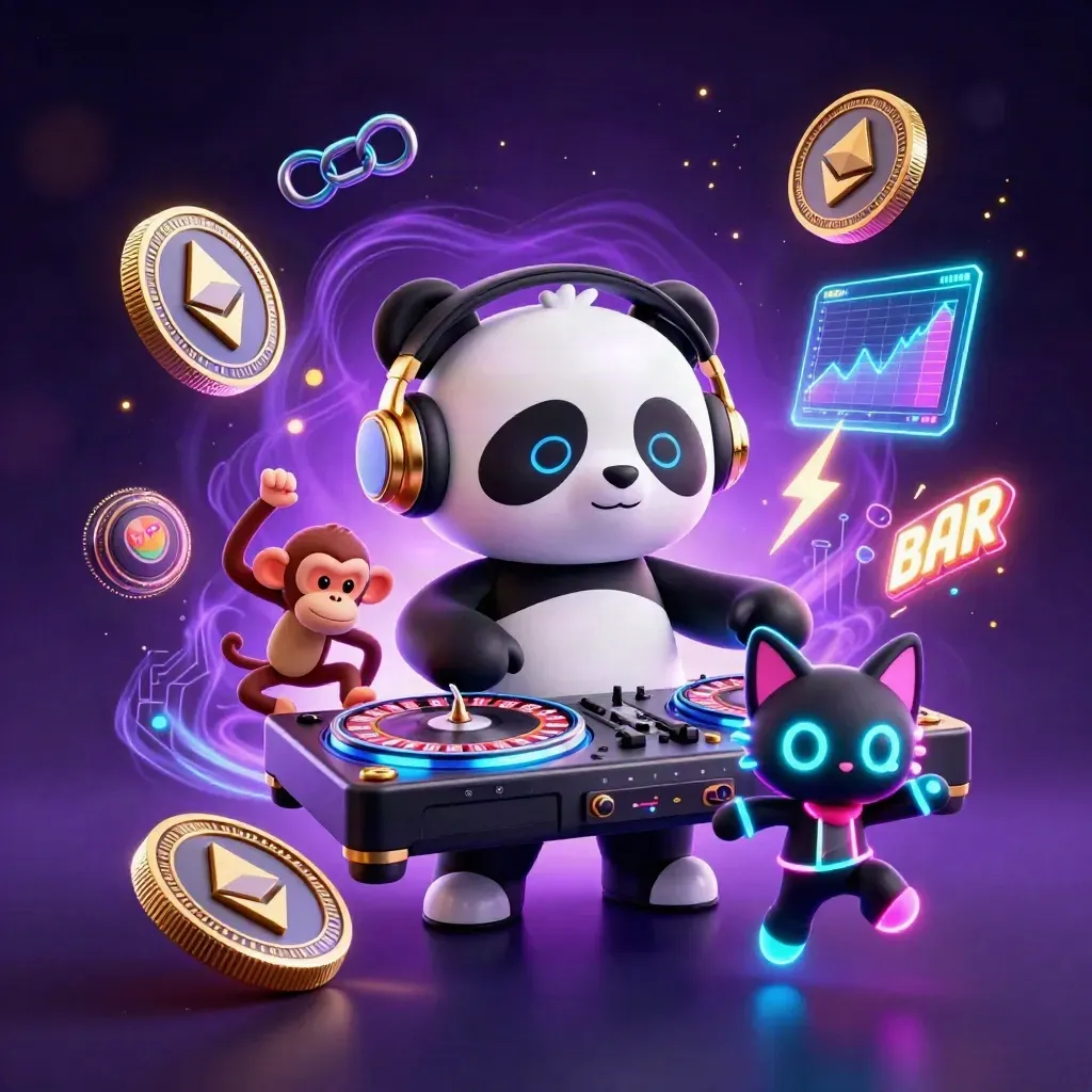 DJ panda, monkey, and glow-stick kitten amid neon coins, lightning, and casino energy