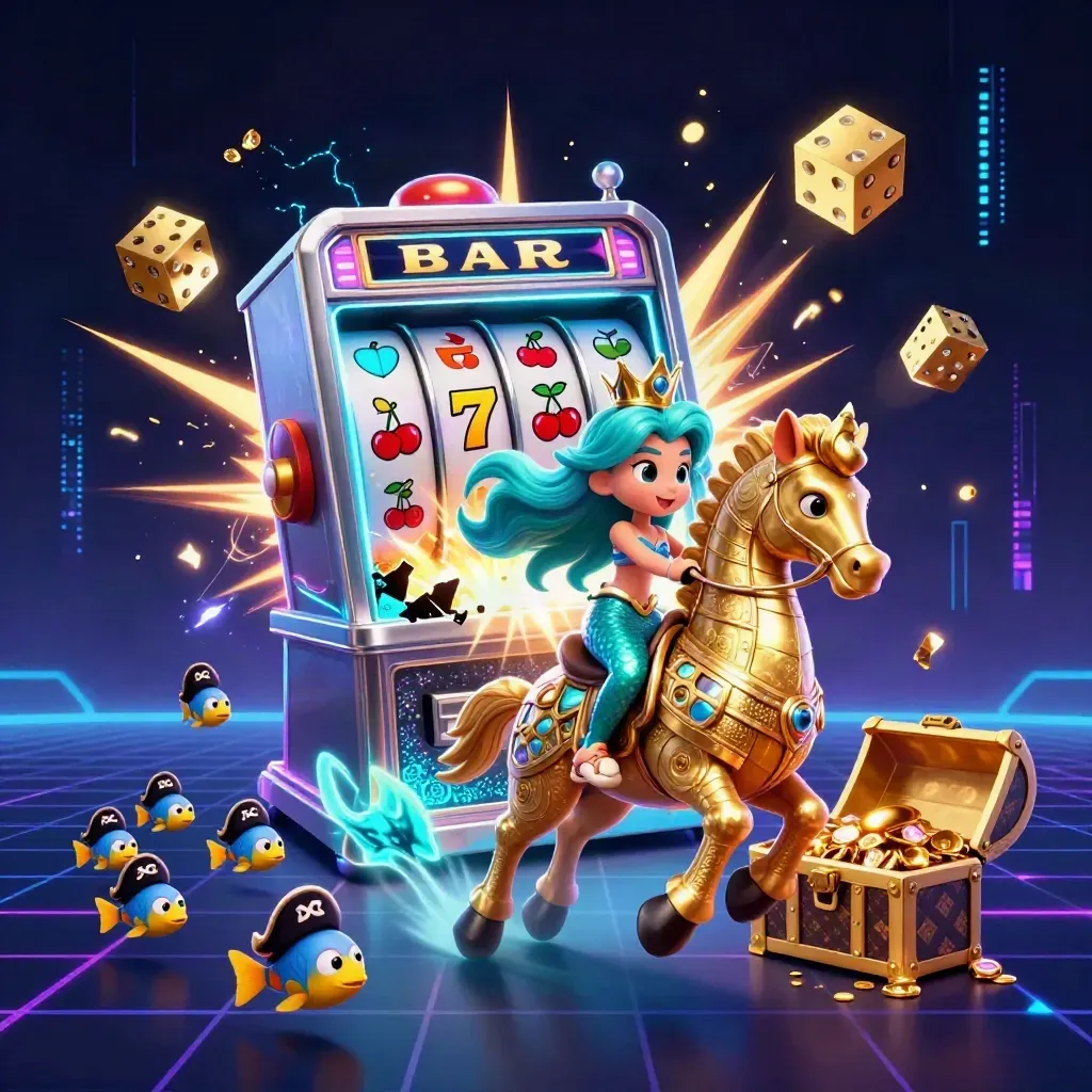Mermaid princess on armored seahorse amid exploding slot machine, gold treasure, and neon blue energy.