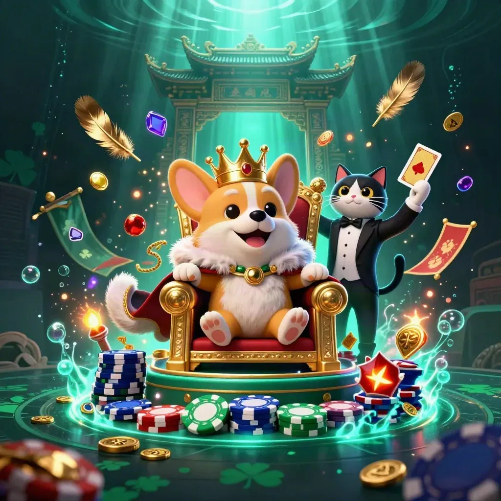 Royal corgi and cat butler amid neon casino treasure, temple gate, and cyan glow