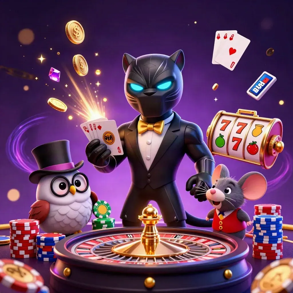 Neon casino key art with a tuxedo panther, owl and mouse amid chips, coins and a roulette wheel