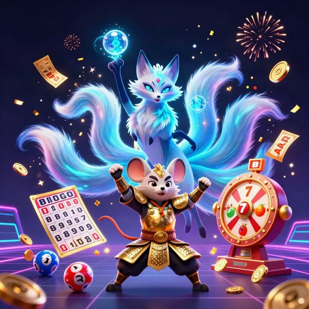 Neon fox spirit and armored mouse amid casino treasures, fireworks, and floating game symbols.