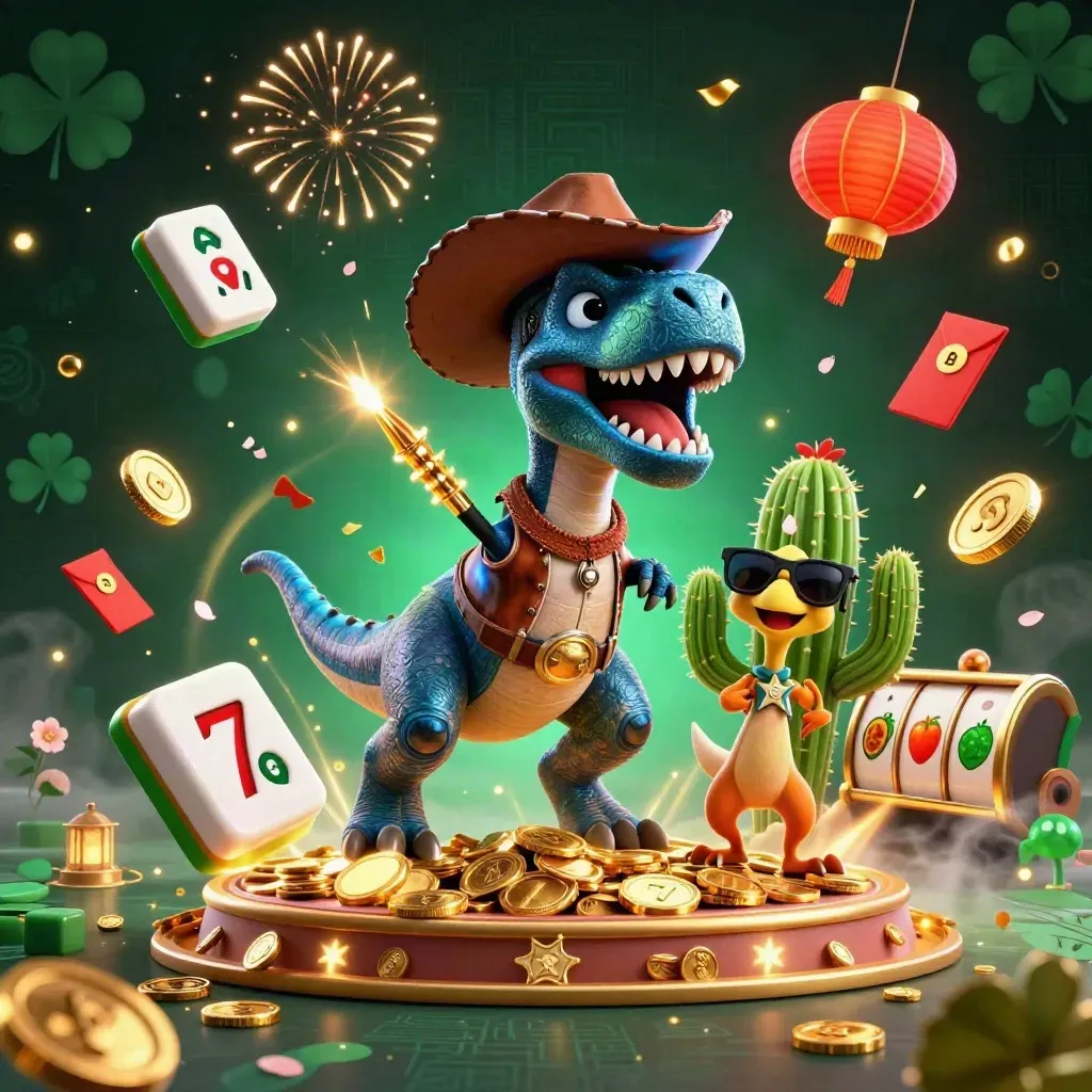 Cowboy T-Rex, cactus sidekick, and sheriff roadrunner amid coins, lanterns, fireworks, and slot symbols.