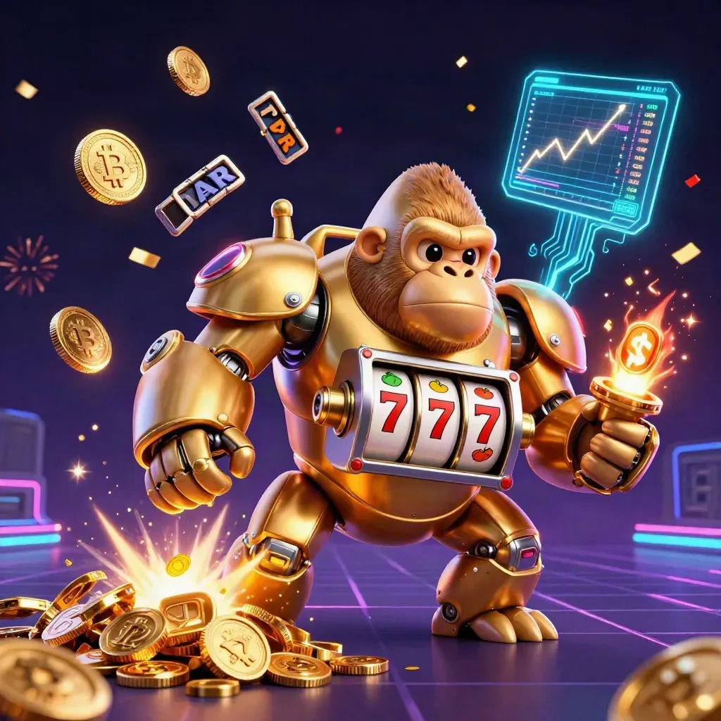 Golden gorilla slot mech with monkey pilot, coins, fireworks, neon crypto casino burst