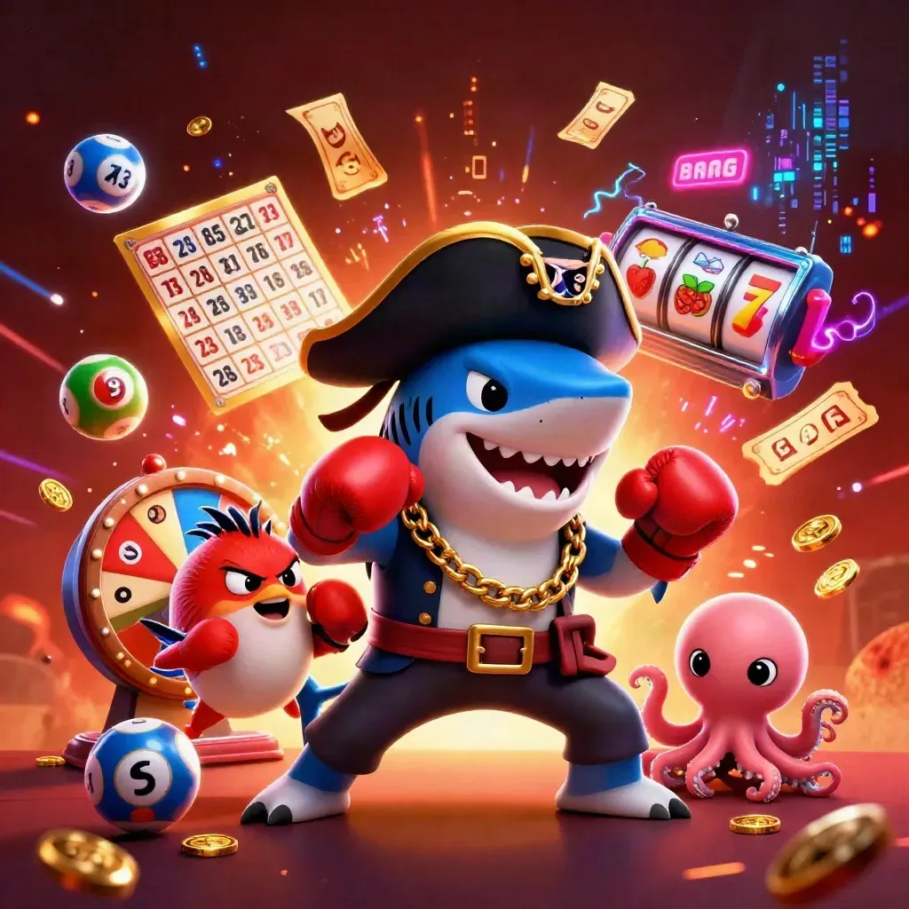 Pirate shark, boxing pufferfish, and coin-juggling octopus in a neon casino splash scene.