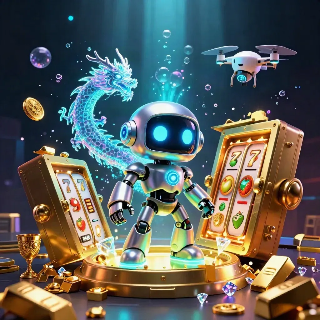 Chrome robot, holographic dragon, and coin drone bursting from a golden vault in neon casino light.
