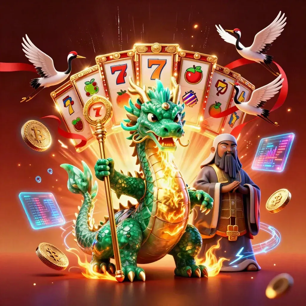 Dragon, turtle sage and cranes amid neon casino reels, coins and electric blue fire