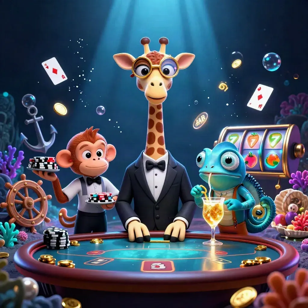 Giraffe, monkey, and chameleon in a neon underwater casino treasure cove with coins and slot symbols