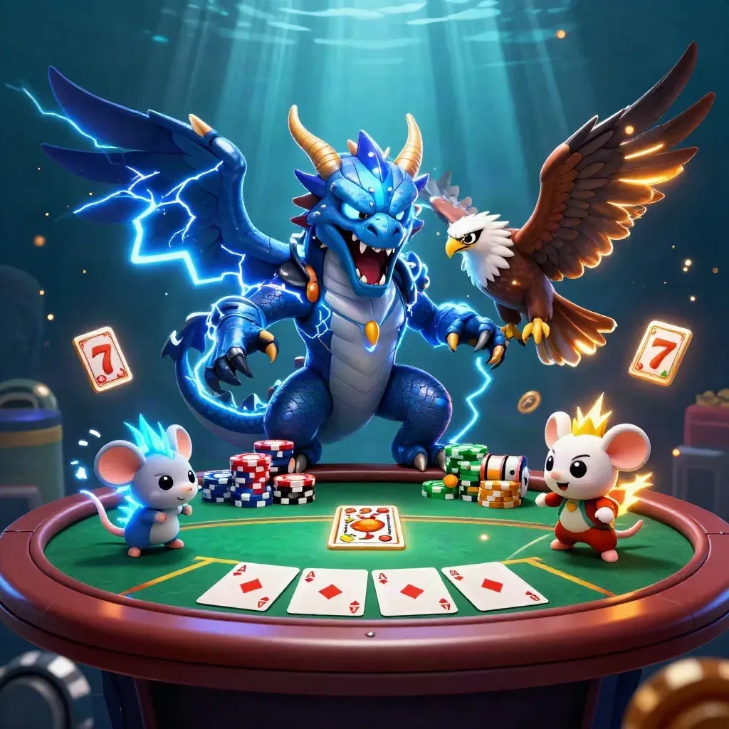 Thunder dragon, wind hawk, and static mouse over casino chips and slot reels, neon-lit.
