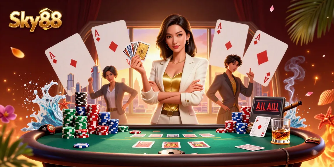 Engage in thrilling card games with Sky88, showcasing a glamorous Asian woman holding golden playing cards amid vibrant casino elements.