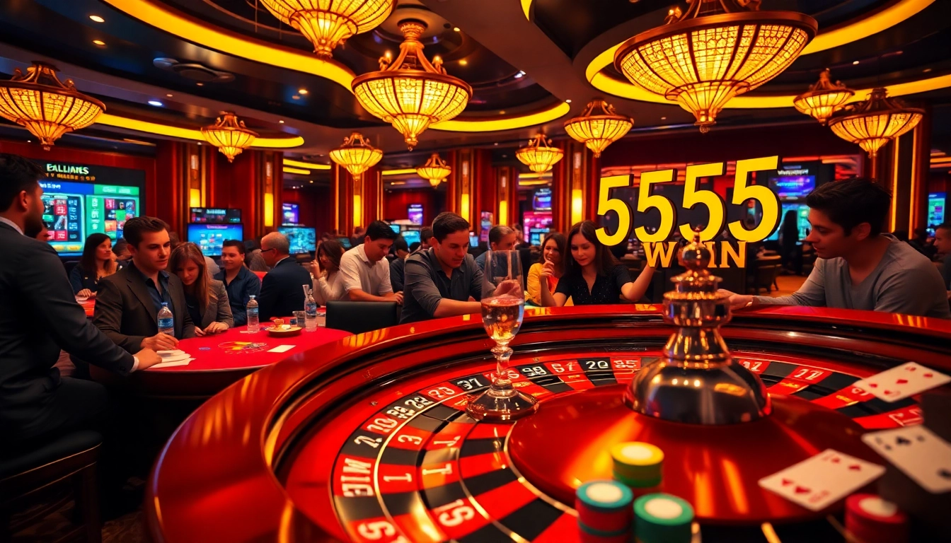 Players celebrating a win at 555 win casino, surrounded by vibrant gaming tables and poker chips.