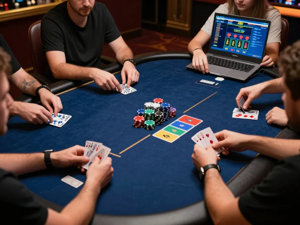 Go8 poker players strategizing with colorful chips during an online game session.